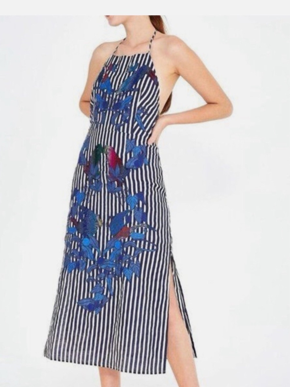 FARM Rio Navy & White Striped Maxi Dress with Blue Floral Embroidery